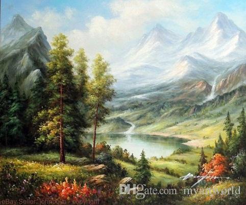 482x401 Framed Mountain Lake Alpine Snow Pine Trees Stream Pure Hand - Mountain Lake Painting