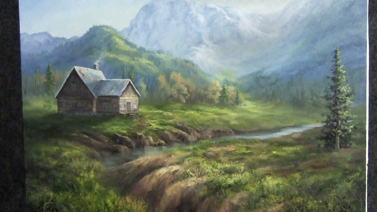 1280x720 Oil Painting Mountain Cabin Landscape - Mountain Landscape Painting