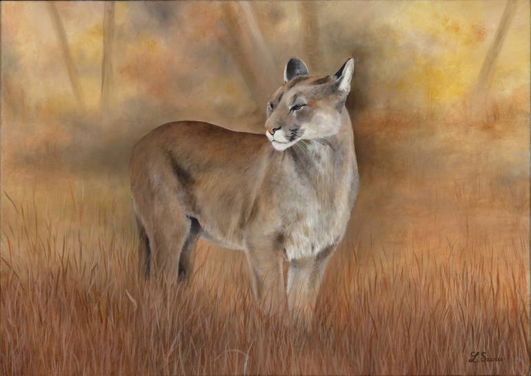 770x546 Saatchi Art Reflexion (Mountain Lion) Painting By Laurence Saunois - Mountain Lion Painting