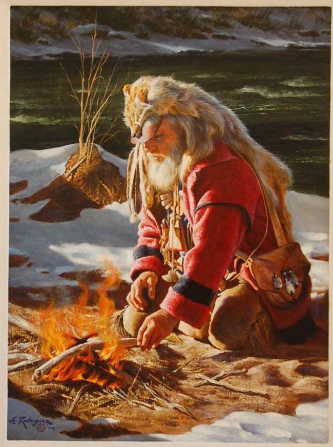 650x871 Original Painting, A Warming Fire By Alfredo Rodriguez Mountain - Mountain Man Painting