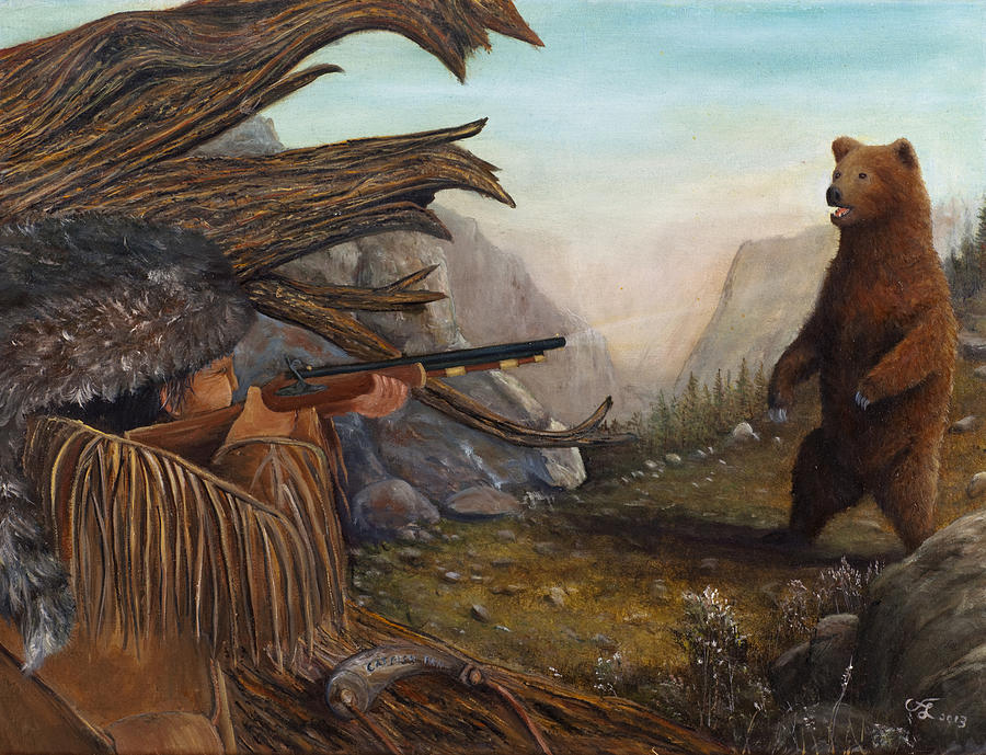 900x689 Encounter At Grizzly Pass Painting By Catfish Lawrence - Mountain Man Painting