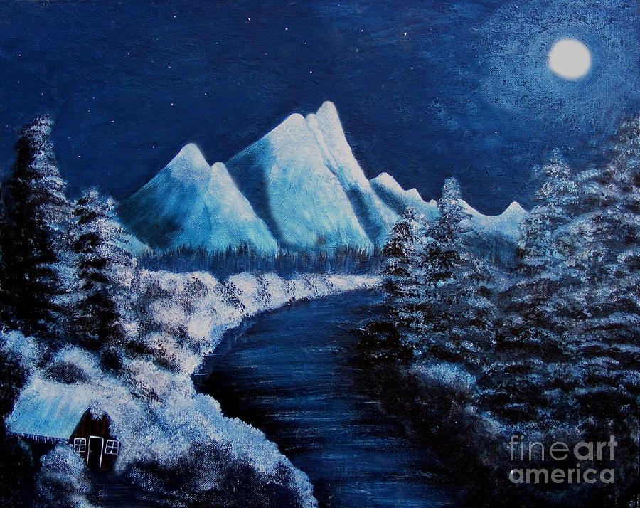 900x714 Frosty Night In The Mountains Painting By Barbara Griffin - Mountain Night Painting