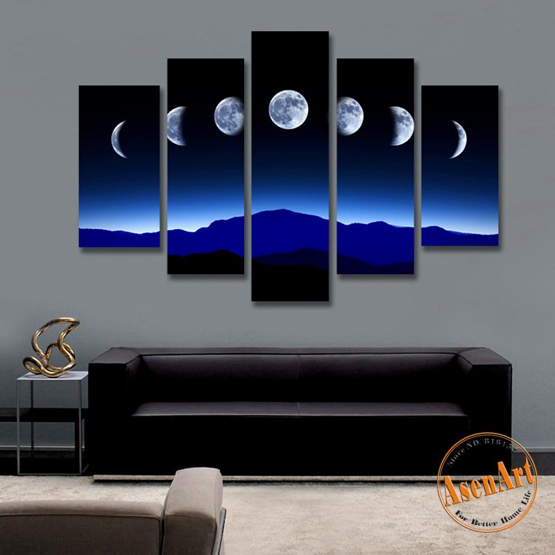 800x800 2018 5 Panel Dark Moon Picture Mountain Night Landscape Painting - Mountain Night Painting
