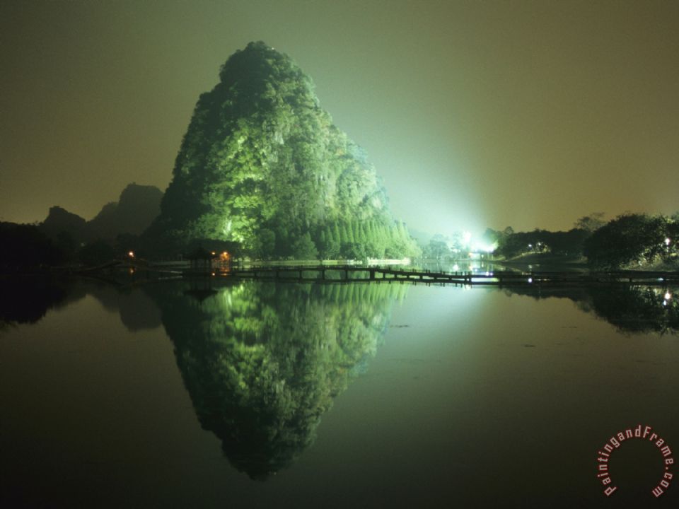 960x720 Raymond Gehman A Large Rock Formation Or Mountain On Shore Of Star - Mountain Night Painting