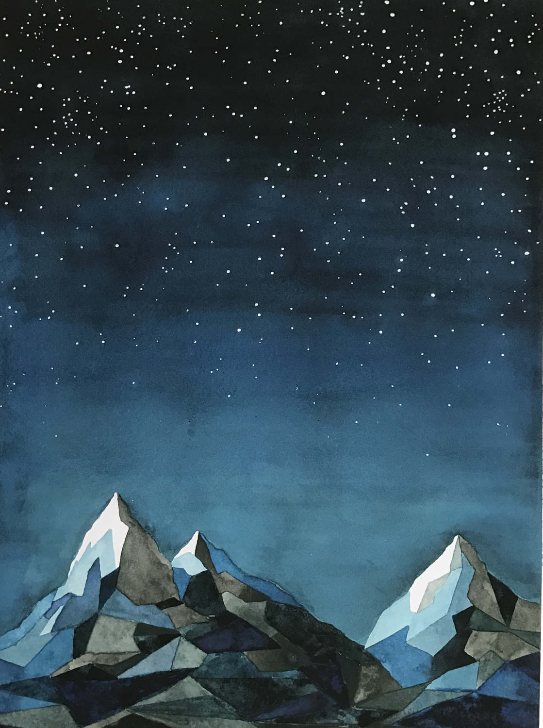 1119x1500 8x10 Mountains In The Night Sky Wall Art Modern Watercolor - Mountain Night Painting