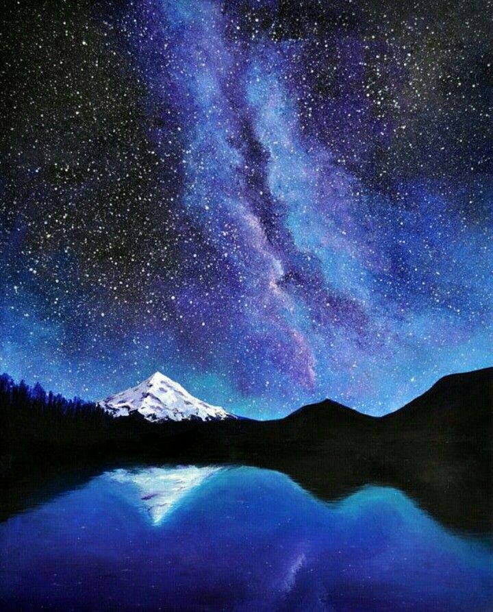 720x893 Acrylic Painting, Starry Night With Silhouette Mountains And Snowy - Mountain Night Painting