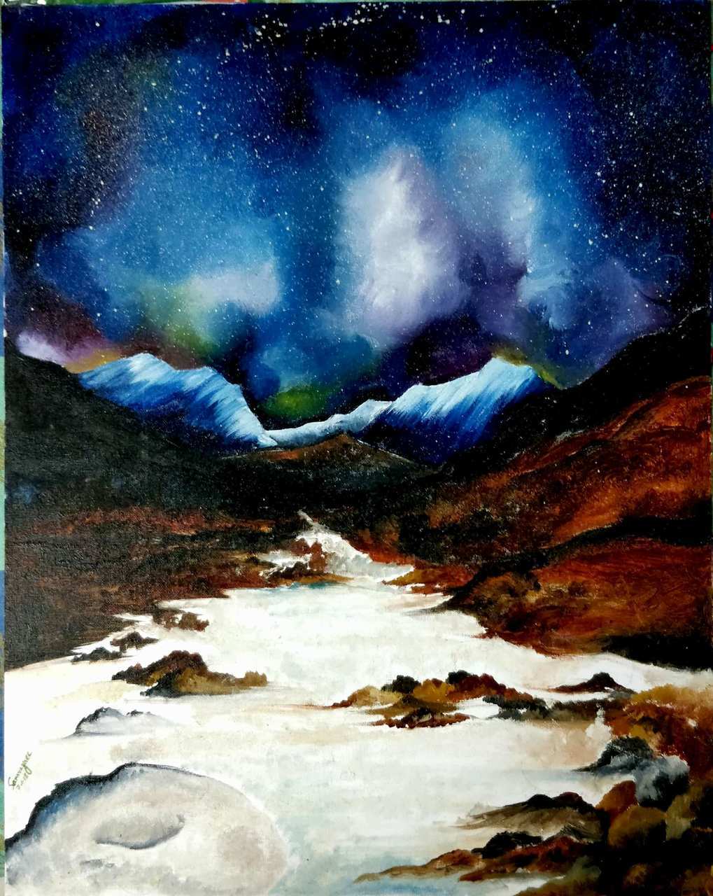 1019x1280 Buy Starry Night Over Mountains Handmade Painting By Samragnee - Mountain Night Painting