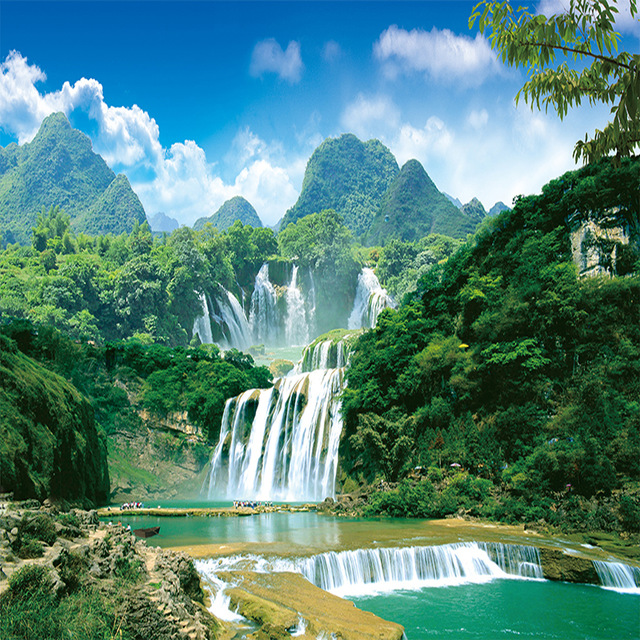 640x640 Custom Mural Non Woven Wallpaper Green Mountain Waterfall - Mountain Painting