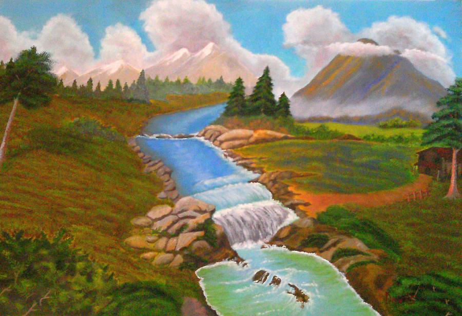 900x616 Mountain River Painting By John Davis - Mountain River Painting