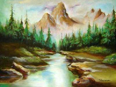 400x300 Mountain Scenery Paintings - Mountain River Painting