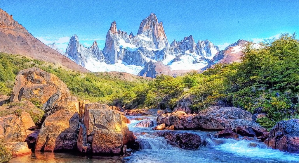 1024x557 Snow Mountain River Wallpaper (Sketch) By T Douglas Painting - Mountain River Painting