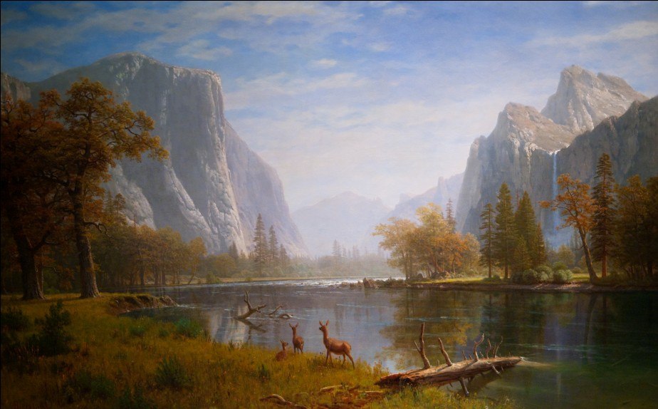 924x574 Free Shipping Classical Mountain River Deer Landscape Canvas - Mountain River Painting