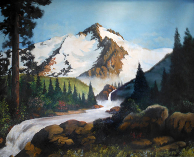 625x508 Mountain Scene With Waterfall 1960 36x30 By Charles Summey - Mountain Scene Painting