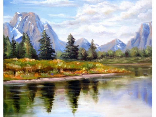 640x480 Oil Painting By Chappel Mountain Lake Scene Fall Autumn Wood Frame - Mountain Scene Painting