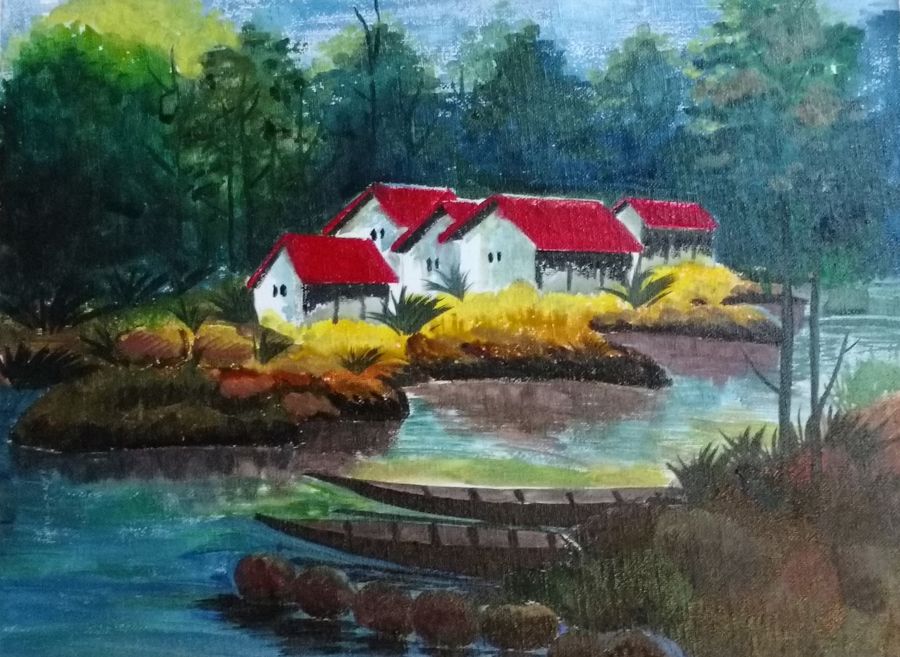 900x657 Mountain Scenery Painting By Artist Rajyasree Pal - Mountain Scenery Painting