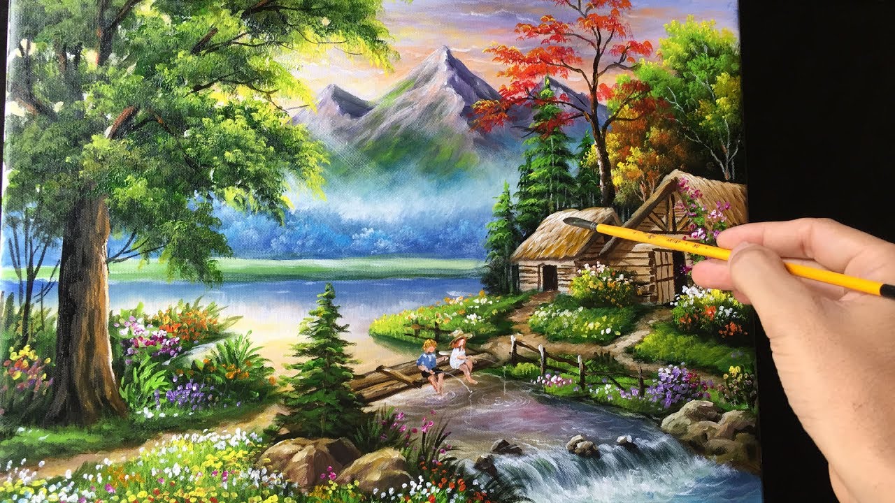 1280x720 Painting A Beautiful Mountain Landscape With Acrylics - Mountain Scenery Painting