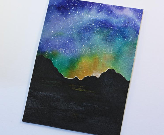 570x470 Aceo Original Watercolor Galaxy Art Mountain Silhouette - Mountain Silhouette Painting