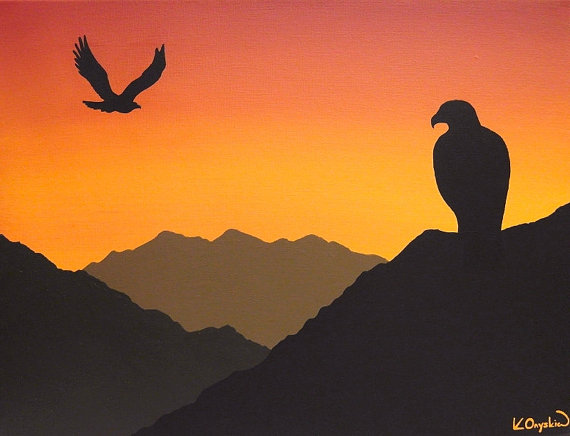 570x436 Silhouette Of Eagles - Mountain Silhouette Painting