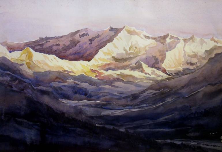 770x528 Saatchi Art Sunrise On Kanchenjunga Peak Watercolor On Paper - Mountain Sunrise Painting