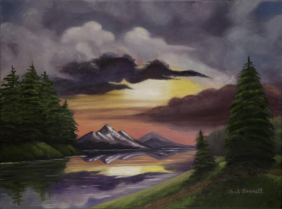 900x669 Brilliant Mountain Sunset Painting By Gail Darnell - Mountain Sunset Painting