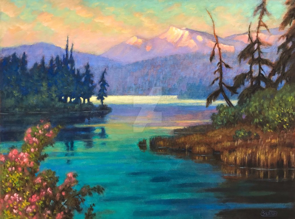 1037x770 Mountain View With Wild Roses By Hbpaintings - Mountain View Painting