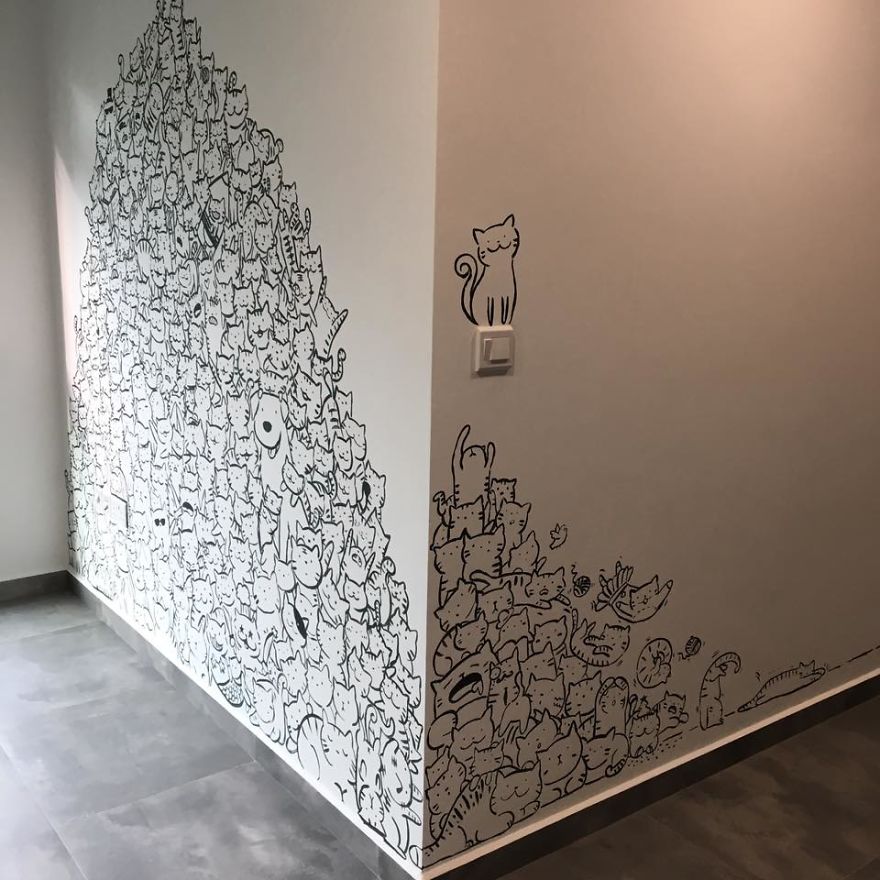 880x880 I Painted A Mountain Of Cats On A Blank Wall To Bring It To Life - Mountain Wall Painting