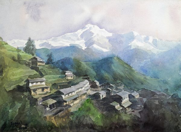 600x436 Village Overseeing Mountain Watercolor Painting - Mountain Watercolor Painting