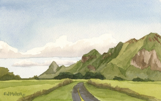 530x334 Haupu Mountains From Kipu Road - Mountain Watercolor Painting