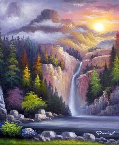 413x500 Mountain Waterfall Forest Sunset Clouds Pine Tree Oil On Canvas - Mountain Waterfall Painting