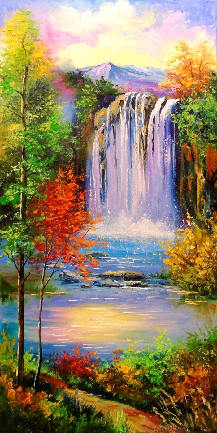 701x1400 Mountain Waterfall Painting - Mountain Waterfall Painting