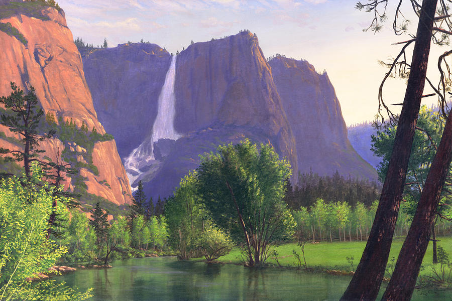 900x600 Mountains Waterfall Stream Western Mountain Landscape Oil Painting - Mountain Waterfall Painting