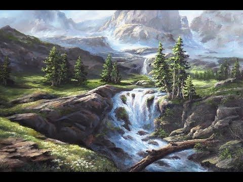 480x360 Sunlit Mountain Waterfall Oil Painting Landscape Demo - Mountain Waterfall Painting