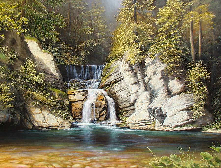 900x683 Waterfall In The Mountains Painting By Oleg Bylgakov - Mountain Waterfall Painting
