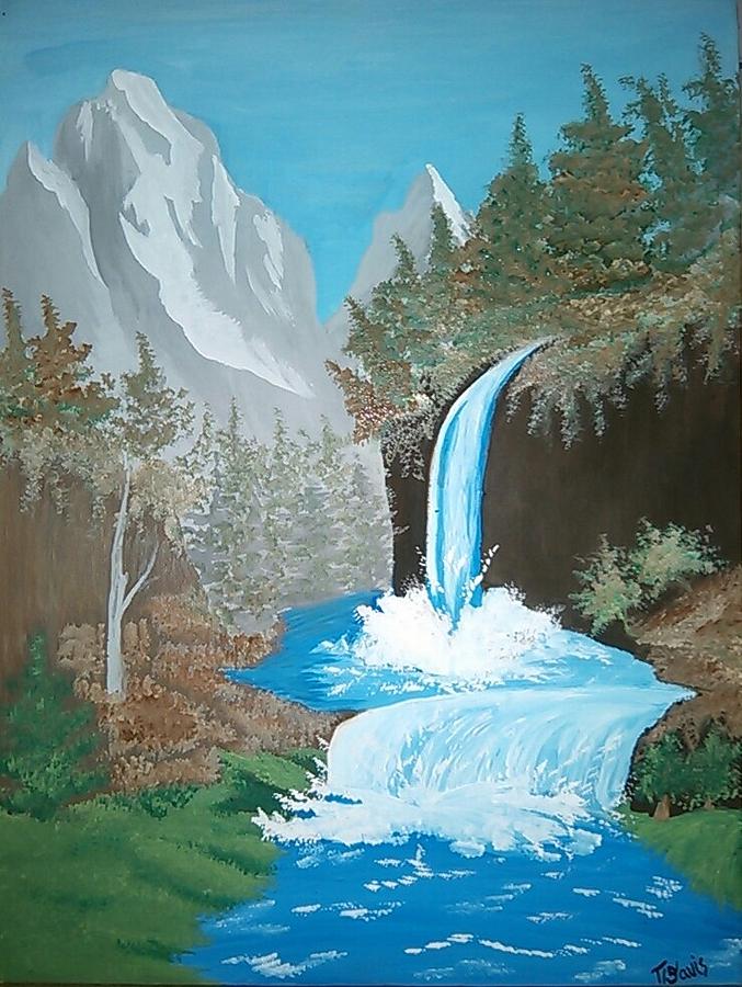 677x900 A Mountain Waterfall Painting By Terra Mims - Mountain Waterfall Painting