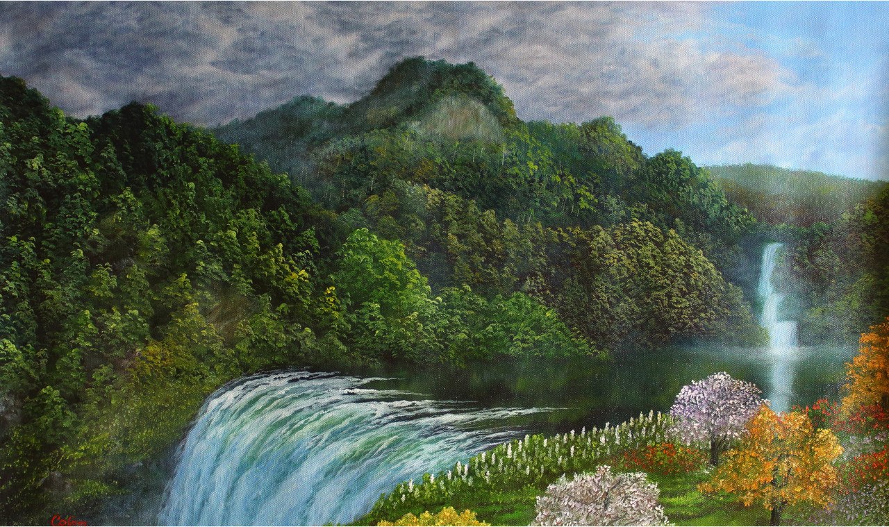 1280x759 Buy Mountain Range Waterfall Handmade Painting By Goutami Mishra - Mountain Waterfall Painting