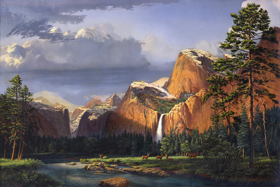 900x600 Deer Meadow Mountains Western Stream Deer Waterfall Landscape Oil - Mountain Waterfall Painting