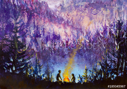 500x351 Original Painting Two People Burn Fire In Forest - Mountains At Night Painting