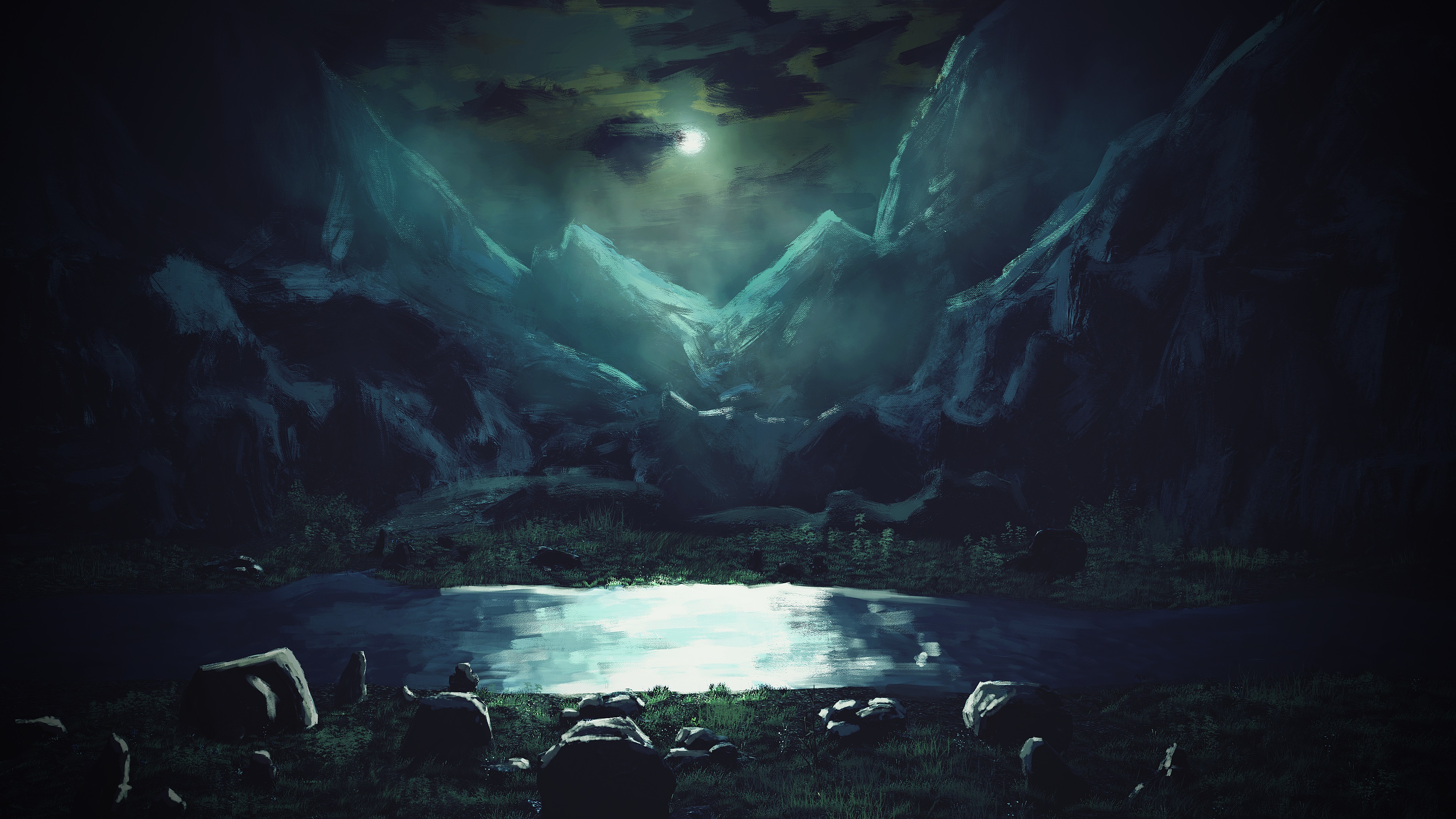 3840x2160 Pictures Nature Mountains Moon Night Painting Art 3840x2160 - Mountains At Night Painting