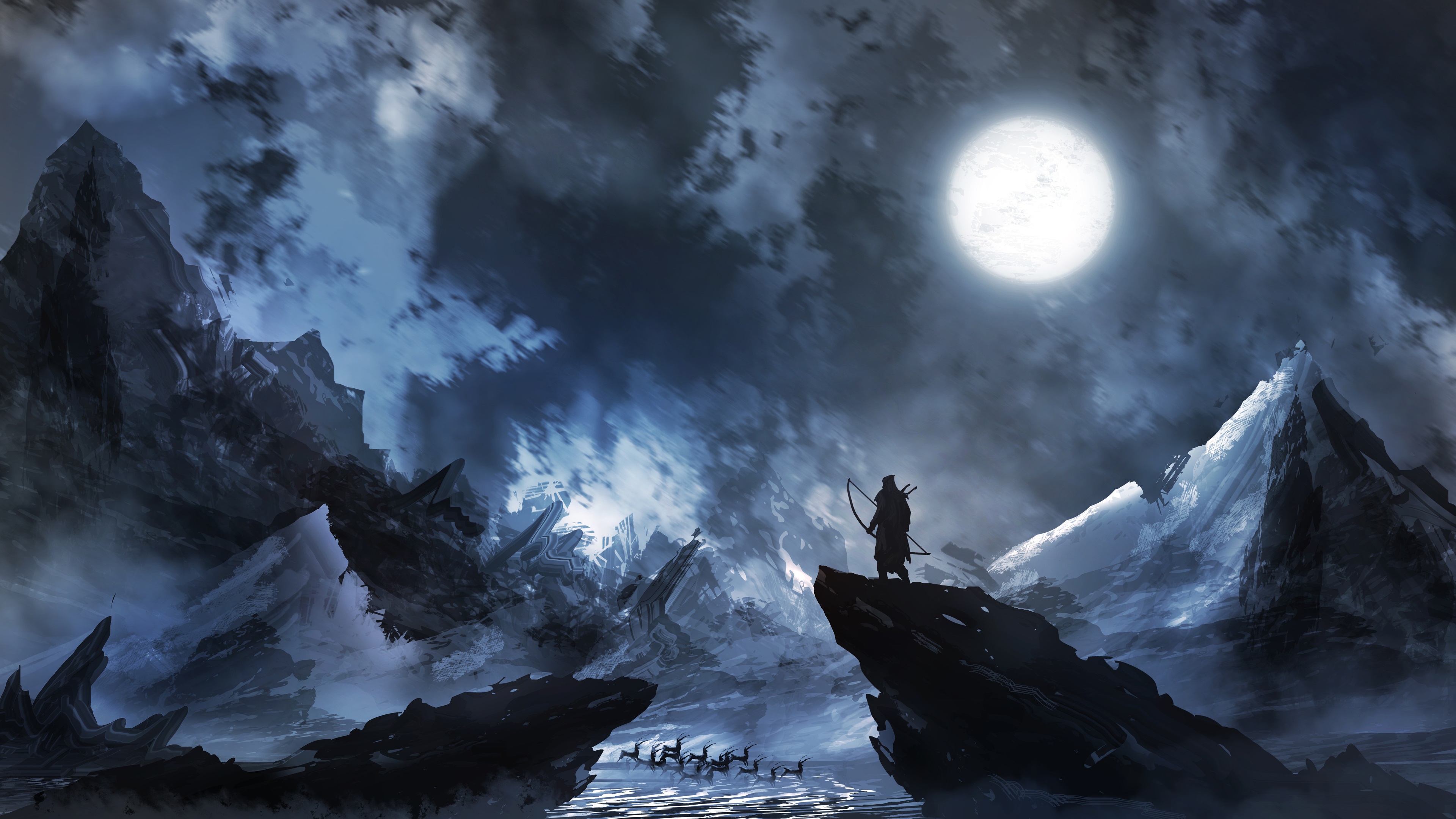 3840x2160 Wallpaper Archer, Deer, Moon, Night, Mountains, Art Painting - Mountains At Night Painting