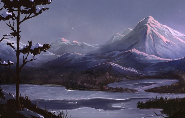 596x380 Wallpaper Trees, Mountains, Night, River, Art, Painted Landscape - Mountains At Night Painting