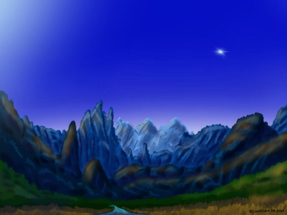 973x729 Digital Paintings Mountains - Mountains At Night Painting