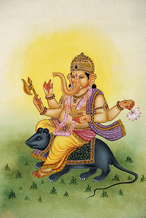 601x900 Lord Ganesh Riding Mouse Painting By Dinodia - Mouse Painting
