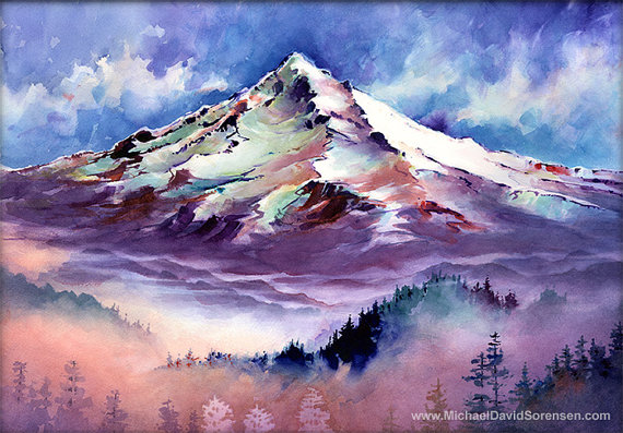 570x397 Mount Hood Oregon Watercolor Painting Print By Michael David - Mt Hood Painting