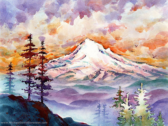 570x428 Mount Hood Sunset Watercolor Painting Print By Michael David - Mt Hood Painting