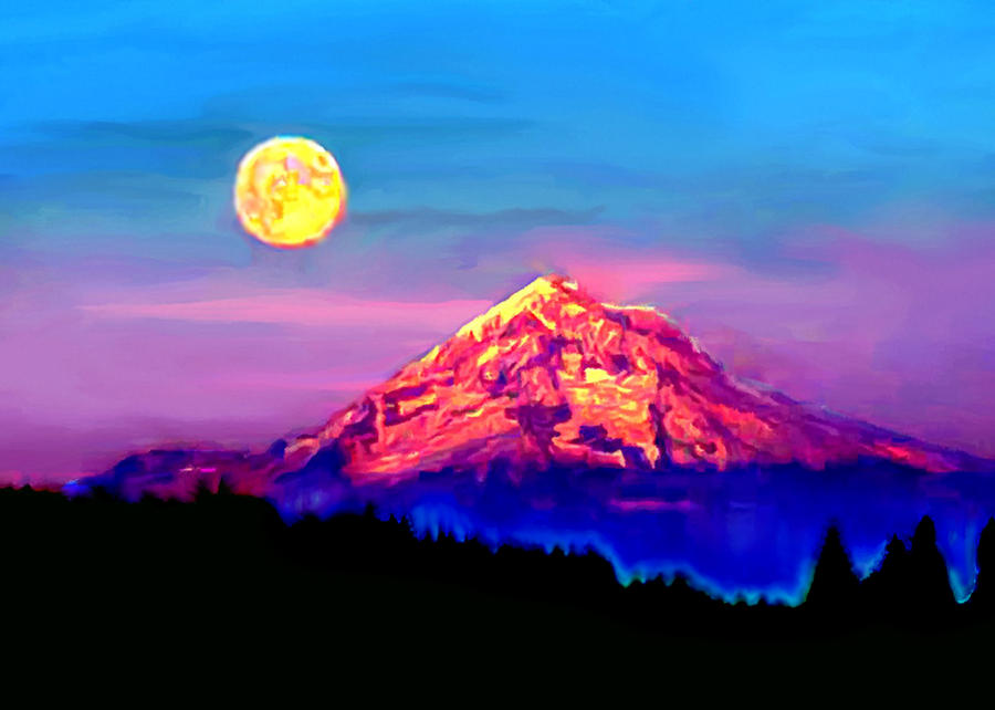 900x642 Full Moon Rising Over Mount Hood Oregon Painting By Bob And Nadine - Mt Hood Painting