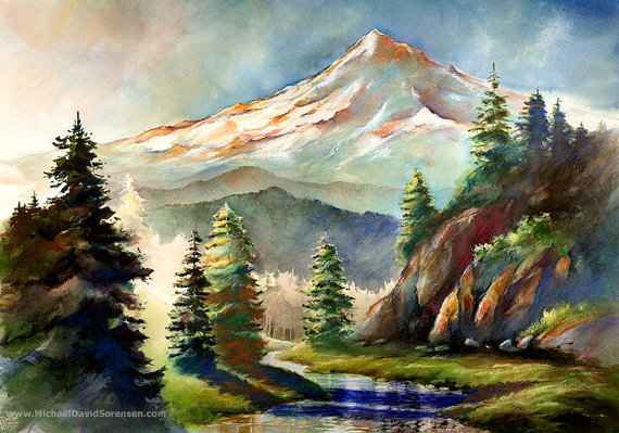570x399 In The Wild Mt. Hood Oregon. Watercolor Painting Print By - Mt Hood Painting