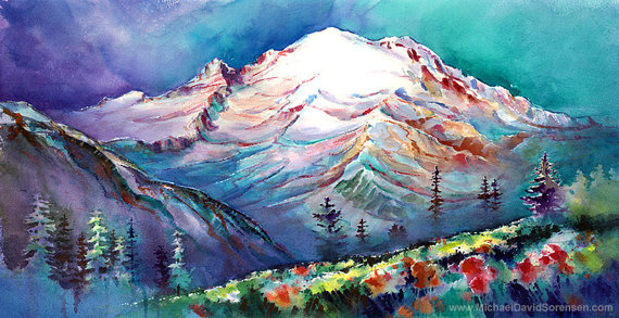 570x293 Mt Rainier From Sunrise Meadows Watercolor Painting Print By - Mt Rainier Painting