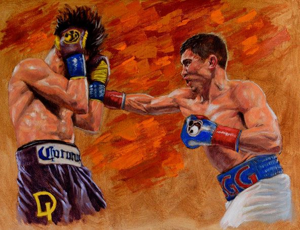 592x453 Golovkin Vs Lemieux Painting Original - Muay Thai Painting
