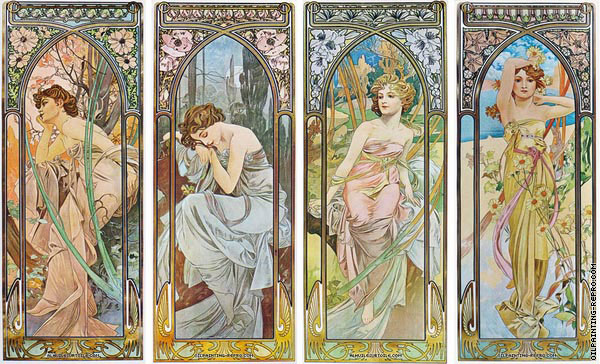 600x364 Oil Painting Reproduction Of Quadriptych The Times Of The Day (Mucha) - Mucha Painting