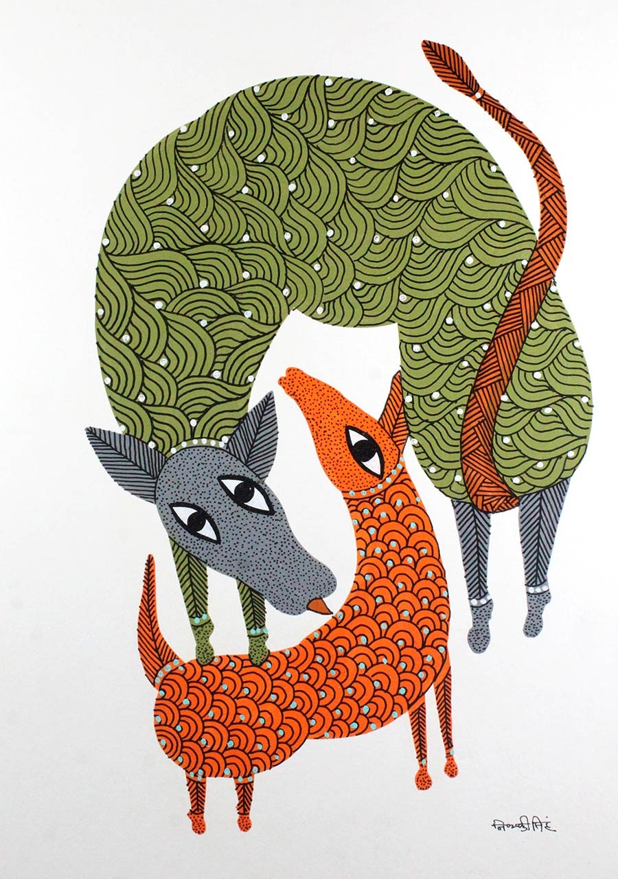900x1280 Buy Multicolor Handmade Happy Deer Family Gond Painting India - Multi Color Fox Painting